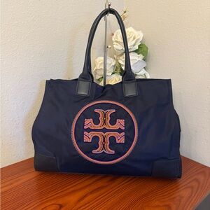 Tory Burch Navy Canvas Tote with Pink and Orange Embroidered Logo